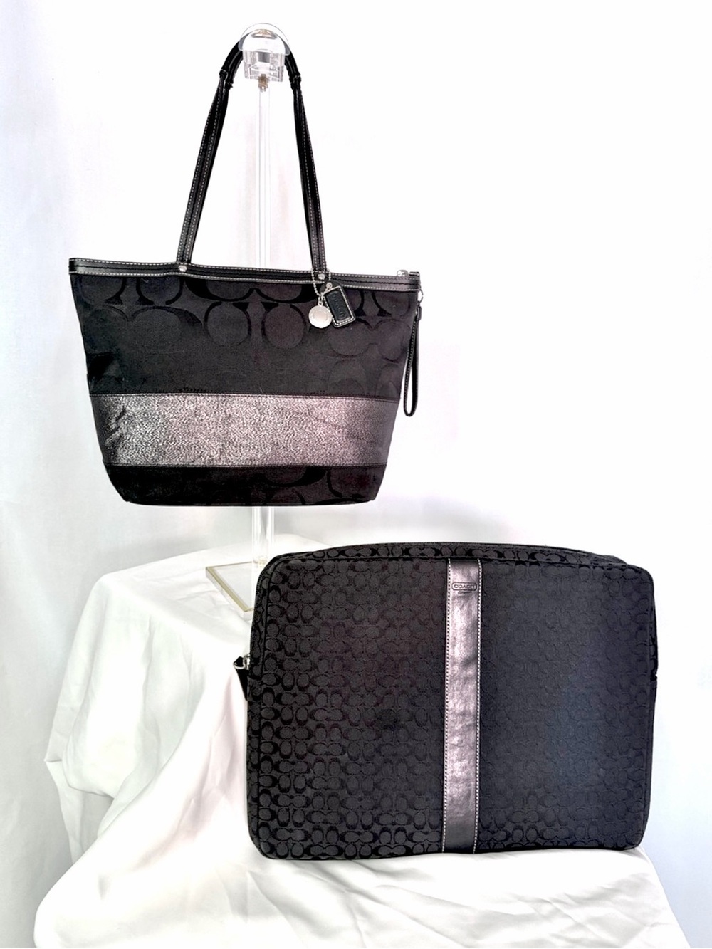 Rare VNTG Coach Y2K Black Signature Stripe Tote & Matching Laptop Sleeve Set